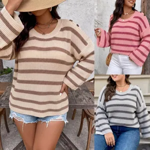 Plus size women's striped knit sweater with decorative shoulder buttons in three colors