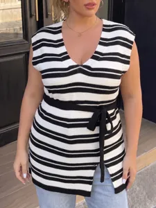 Plus size black and white striped knit vest with tie waist belt and V-neckline