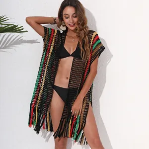 Bohemian crochet beach cover-up with colorful tassels and hollow mesh design on model
