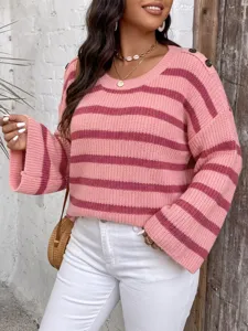 Casual women's striped knit sweater with decorative shoulder buttons and wide sleeves