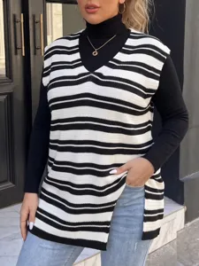 Detailed view of women's plus size striped mid-length knit vest over black turtleneck