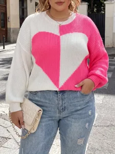 Plus size colorblock heart knitted sweater for women, cozy crew neck long sleeve pullover top.