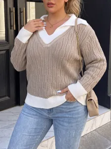 Mujer jersey de punto solapa contraste otoño invierno top elegante, moda casual cómoda.