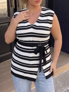 Plus size black and white striped knit vest with V-neck and tie waist belt detail