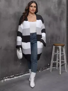 Damen Plus Size Farbe Block gestreift Strickjacke Pullover Freizeit Mantel mit Taschen