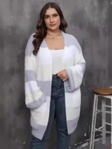 Große Größen Damen Cardigan Streifen Strickjacke Pullover offen Farbblock Mantel