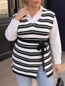 Close-up detail of plus size striped knit vest featuring a V-neck and adjustable tie waist belt