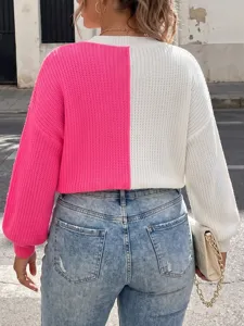 Women color block knit sweater casual long sleeve round neck pullover knitwear chic streetwear.