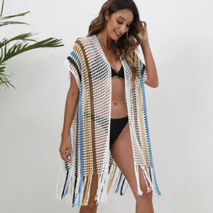 Boho crochet beach cover-up cardigan with color-block stripes and long tassels for women