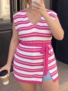 Stylish plus size pink and white striped knit vest with a casual tie-waist design