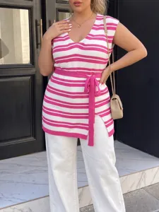 Detailed view of pink and white striped V-neck longline vest with a matching waist tie belt