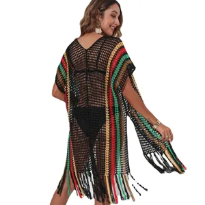 Black crochet beach cover-up with multi-color stripes and fringe tassels for women