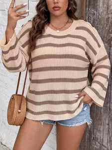 Detailed view of women's plus size striped knit sweater featuring shoulder button accents.