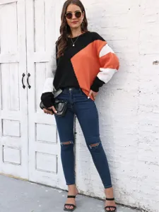 Women Color Block Knit Sweater Casual Crewneck Long Sleeve Fall Pullover Top Fashion Chic
