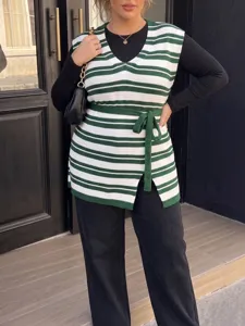 Plus size striped knit vest with waist tie and color-block pattern in a casual style.