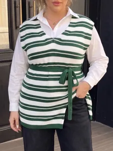 Plus size green and white striped longline sweater vest with matching waist tie belt