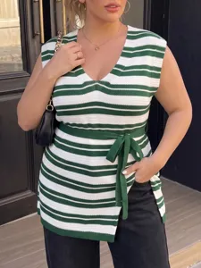 Detail of plus size green striped knit vest with V-neck and tie-waist belt.