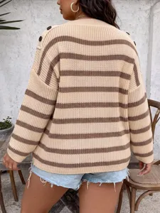 Rear view of beige and brown striped knit sweater with shoulder button detail