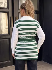 Back view of a plus size green and white striped knit longline vest with belt.