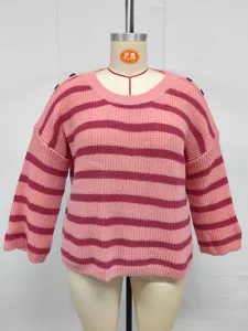 Detail view of pink and maroon striped plus size sweater featuring shoulder buttons