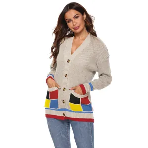 Casual πλεκτή ζακέτα με λαιμόκοψη V, τσέπες color-block και κουμπιά μπροστά