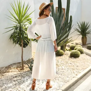 Weißer Häkel-Taille Strand Cover Up Cardigan langarm Sommer Urlaub Damen Mode Oberbekleidung