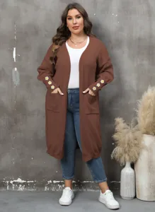 Cárdigan largo marrón de talla grande para mujer con mangas abullonadas, flores y bolsillos dobles.