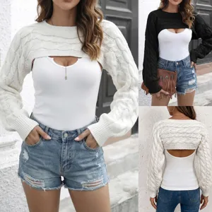 Damen Langarm Zopfmuster Kurzer Cardigan Shrug Offene Vorderseite Strickpullover Top