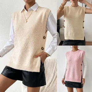 Chaleco de Punto para Mujer Sin Mangas Cuello Redondo Botones Lado Top Casual
