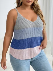 Γυναικείο Casual V-Neck Color Block Striped Camisole Plus Size Fashion Summer Sleeveless Knit Tank Top Pullover