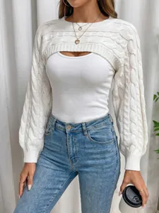 Damen weißer kurzer Strick Bolero Pullover langarm offene Vorderseite Strickjacke Top.