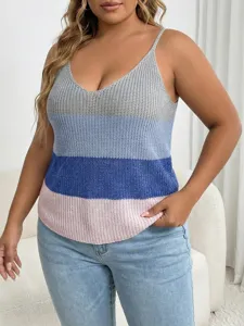 Γυναικείο πλεκτό τοπ τιράντα ριγέ color block μεγάλο μέγεθος με V λαιμόκοψη λεπτομέρεια