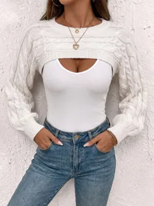 Kurzes langarm Strick Shrug Bolero Pullover Oberteil für Damen, trendiger Lagenlook Style.