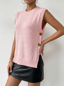 Chaleco de jersey de punto rosa sin mangas con botones laterales detalle elegante.