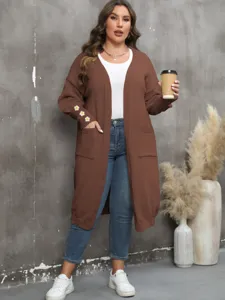 Cardigan Largo y Holgado Casual para Mujer Suéter Cuello en V Manga Larga Bolsillos Patchwork Punto Ropa de Exterior Diario