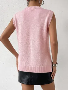 Chaleco de punto sin mangas rosa para mujer, top pulóver casual de cuello redondo, vista detallada.