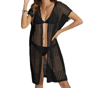 Women Black Hollow Out Knit Beach Cover Up Cardigan Sexy See Through Swimsuit Outerwear