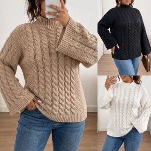 Damen Zopfstrick Rollkragen Pullover mit langen Schlagärmeln lässiges Oversize Oberteil