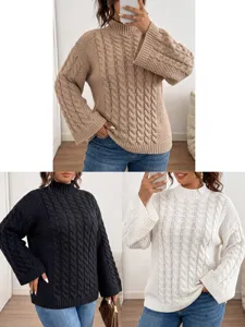 Plus Size Damen Hochkragen Grobstrick Pullover Einffarbig Lange Trompetenärmel Lässiger Winter Pulli