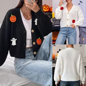Cardigan in maglia da donna per Halloween maglione corto con simpatici patch zucca e fantasma.