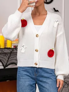 Cardigan in maglia con scollo a V di Halloween da donna con toppe all'uncinetto di fantasmi.