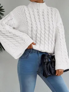 Gemütlicher Hochhals Zopfmuster Pullover Detail, dicker Damen Strickpullover für Herbst Winter.