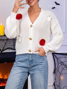 Cardigan in maglia bianca con toppe all'uncinetto di Halloween, top casual scollo a V.