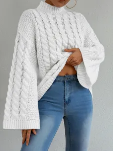 Weißer hochgeschlossener Zopfmuster Pullover Damen, gemütlicher lockerer Langarm.