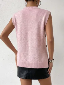 Detailed back view of an elegant pink knitted sweater vest featuring stylish side button details