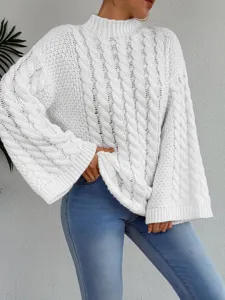 Damen weißer Stehkragen Zopfmuster Pullover, gemütlicher Langarm, lässiger Oversize Top.