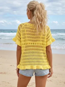 Detailed back view of yellow crochet hollow knit beach cover up with ruffle trim
