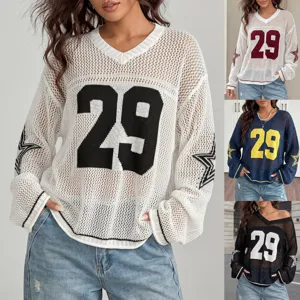 Veelkleurige mesh tops met lange mouwen voor dames in jersey-stijl met nummer 29 print