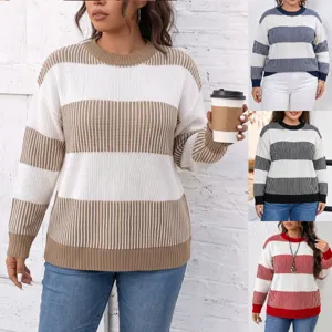 Plus size striped knit sweater featuring classic crew neck and long sleeves for casual daily wear.