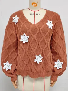 Damen V-Ausschnitt Weihnachten Strickpullover braun langarm Winter Pullover Schneeflocken